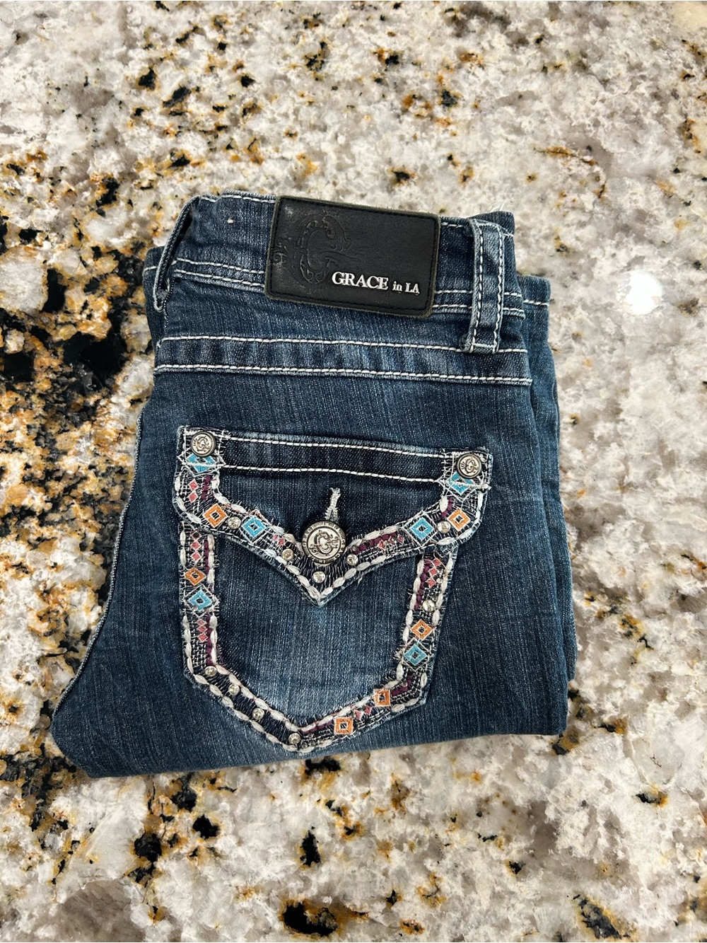 Grace in LA Jeans Womens Size 25 Bootcut Embroidered Flap Pocket Rhinestone Blue